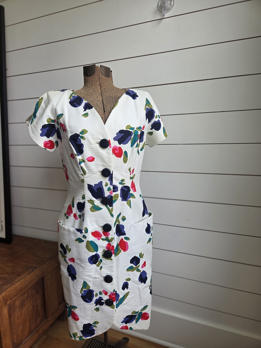 White Floral Button-Front Mini Dress with V-Neck